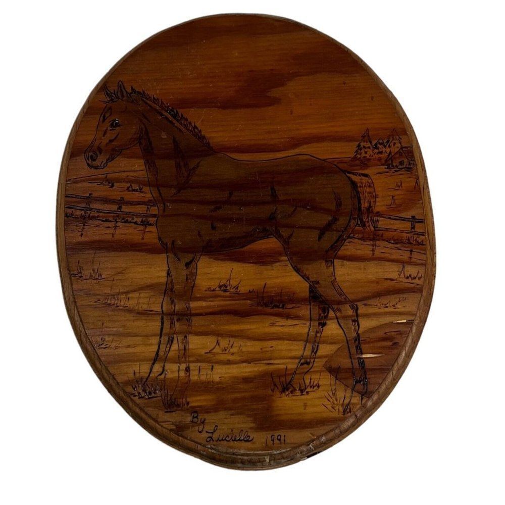 Vintage Handmade Wood Burned Horse Wall Equestrian Gift 1991 Hand Crafted Signed